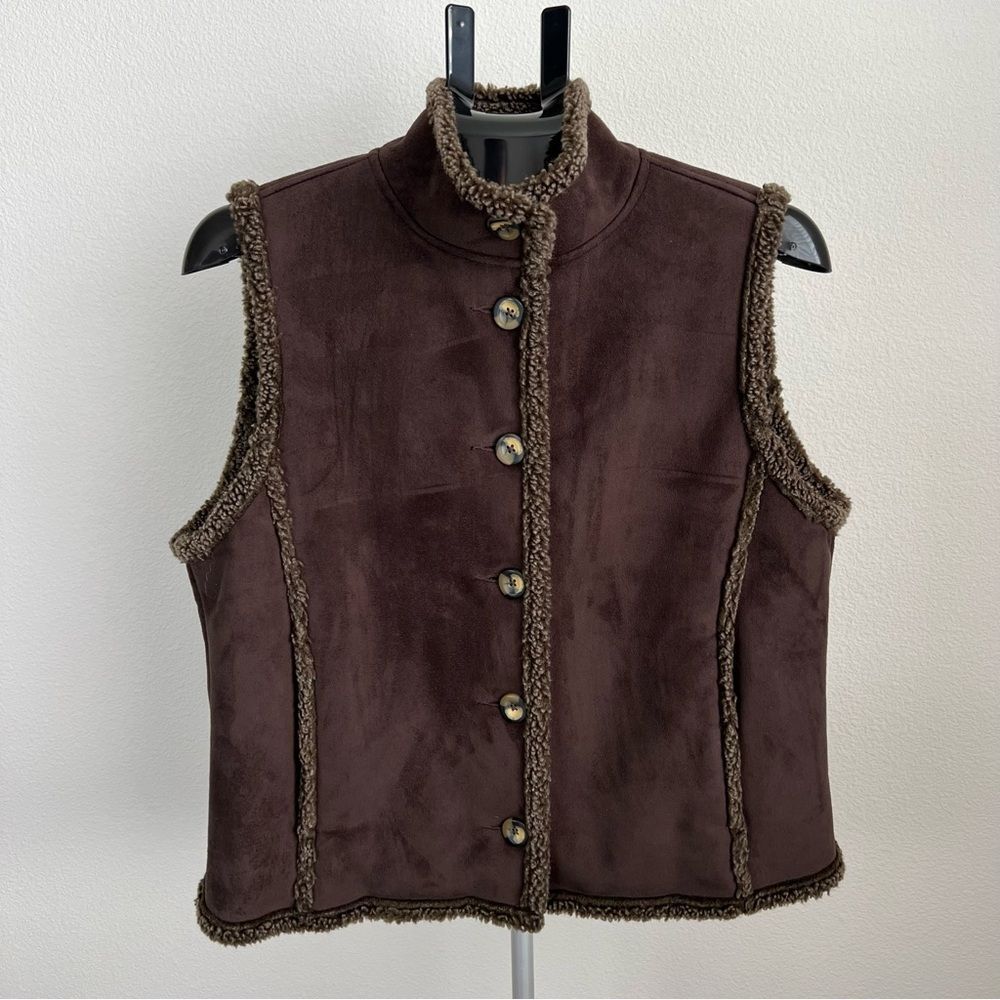 L.L. Bean Faux Shearling Vest Women M Petite Brown Sherpa Western Ranch Jacket